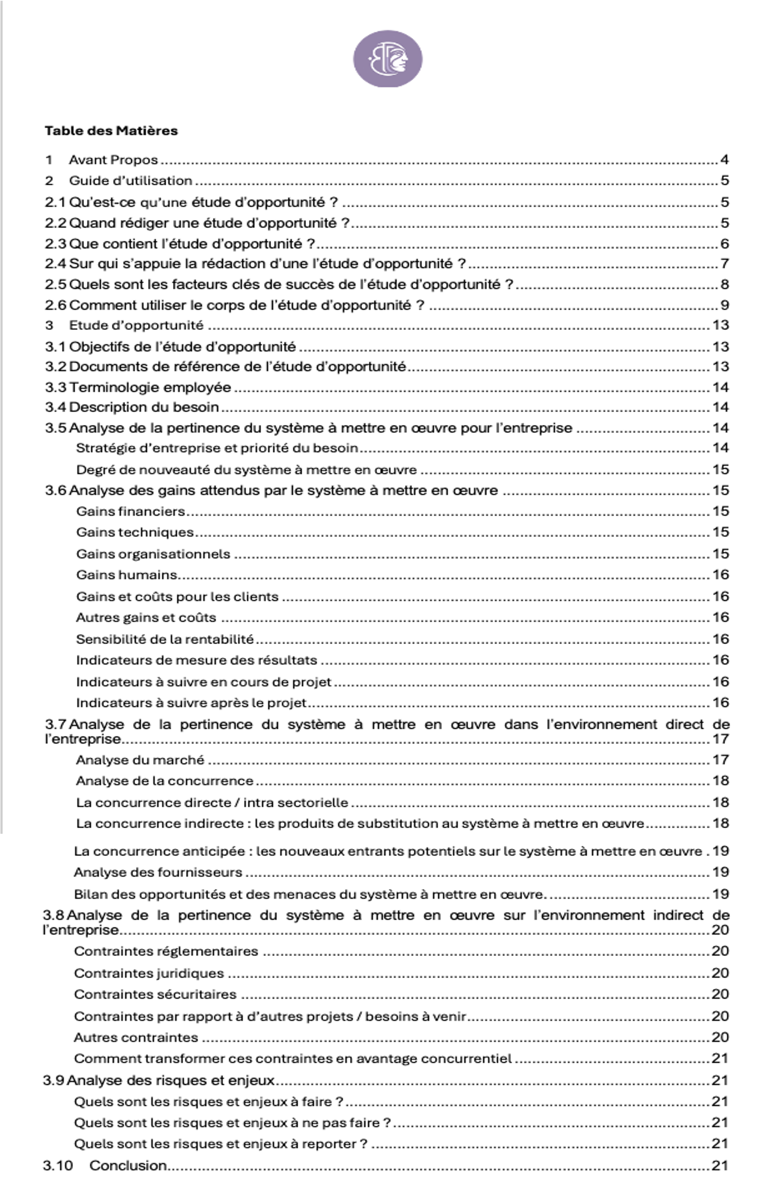 Sommaire étude d'opportunité